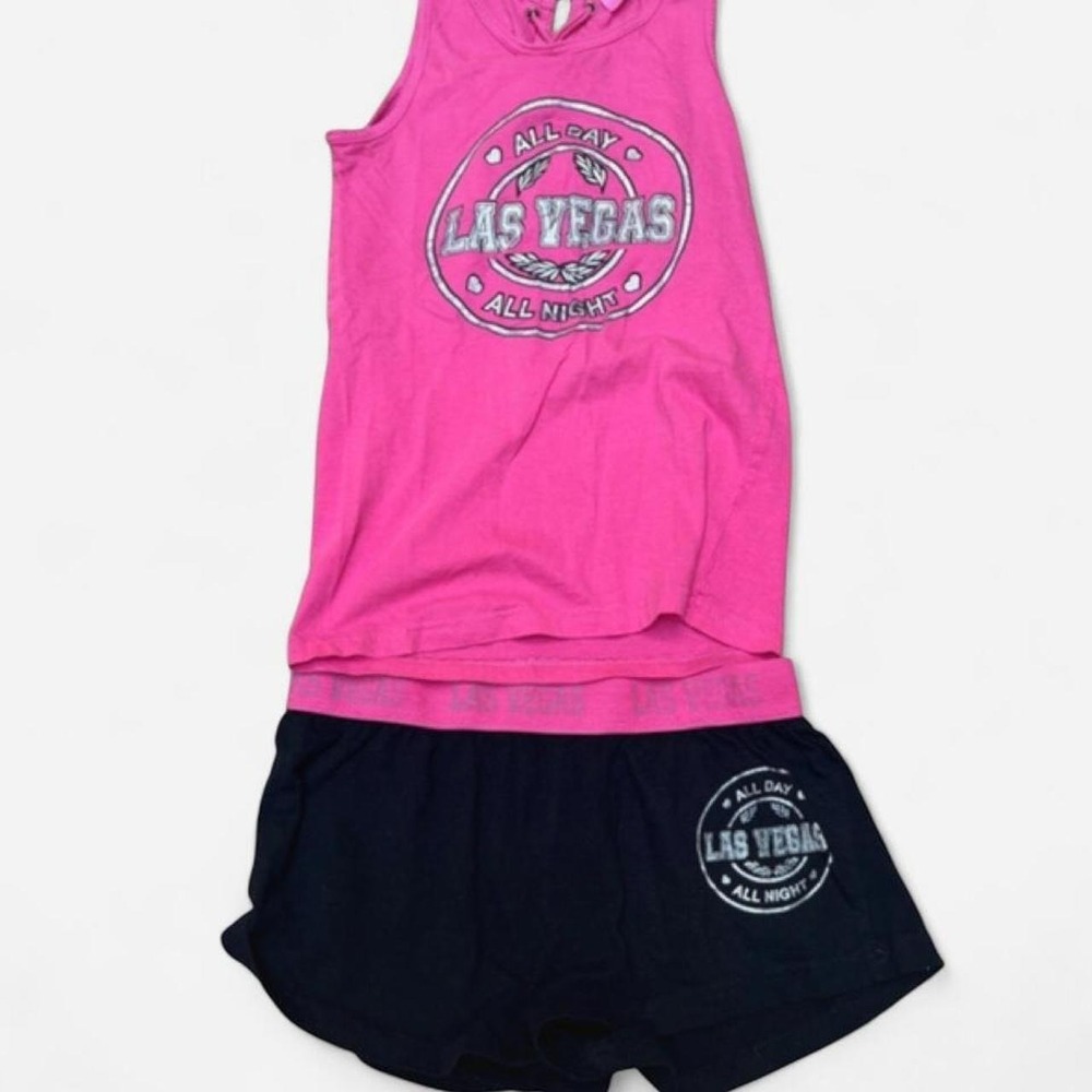 Y2K Las Vegas Lounge Set Pink Tank Top Black Pajama Shorts Glitter Graphic Small